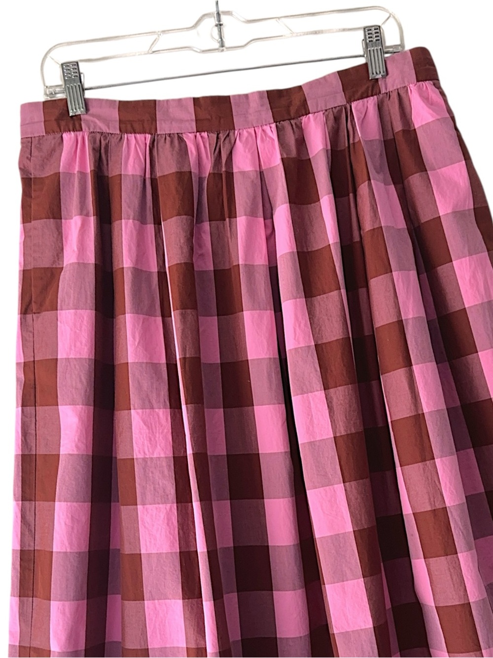 J CREW LARGE GINGHAM CHECK COTTON SKIRT PLEATS TIE BACK PINK & BURGUNDY SIZE 12 - Picture 2 of 9
